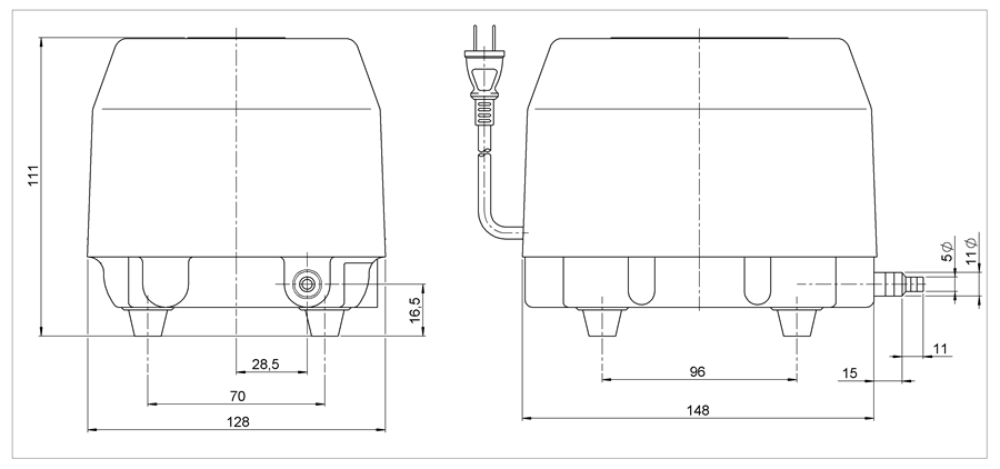 Wymiary dmuchawy membranowej YP-15A